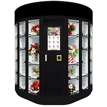 Kiosque Rotonde BM-FLR-02, vue de face avec bouquets en vitrine